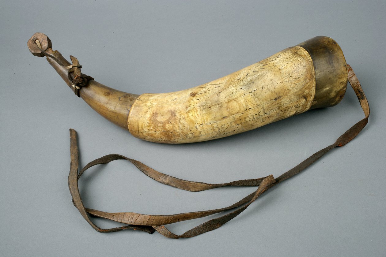 Róg prochowy z paskiem i stoperem, 1773 (róg, drewno, skóra i metal) autorstwa American School