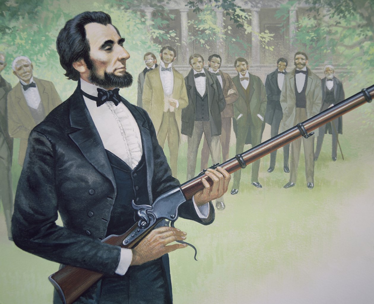 Prezydent Abraham Lincoln oddał strzały próbne z siedmiostrzałowego repetytora Spencera w sierpniu 1863 r. (kolor lito) autorstwa American School