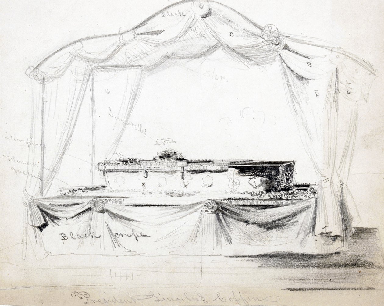 Trumna prezydenta Abrahama Lincolna leżąca w stanie w Białym Domu, Waszyngton, kwiecień 1865 (ołówek, tusz i pranie na papierze) autorstwa American School