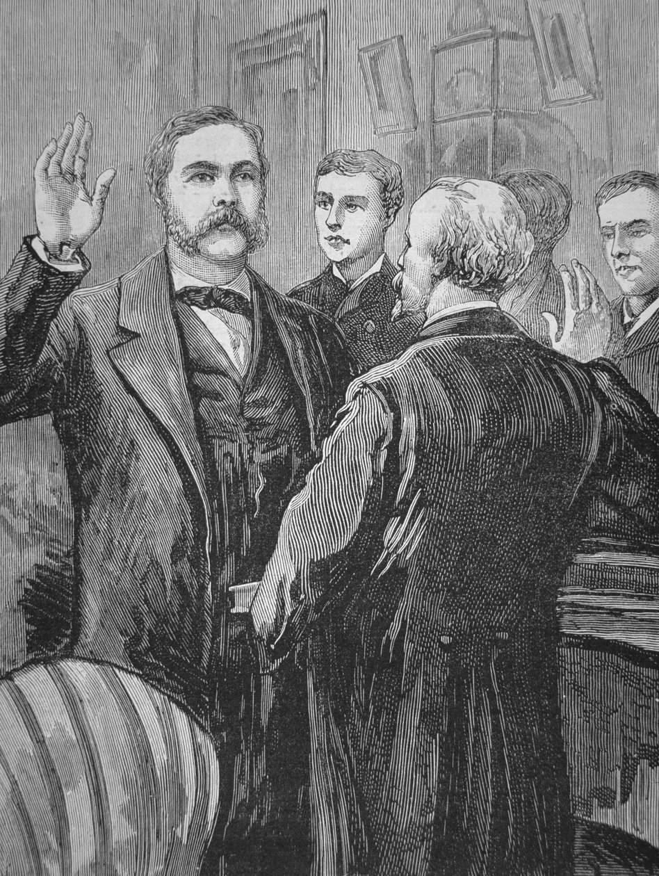 Prezydent Chester A. Arthur składa przysięgę po śmierci Jamesa Garfielda 20 września 1881 r. (lito) autorstwa American School