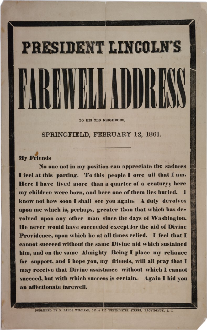 Przemówienie pożegnalne prezydenta Lincolna do starych sąsiadów, Springfield, 12 lutego 1861 r autorstwa American School