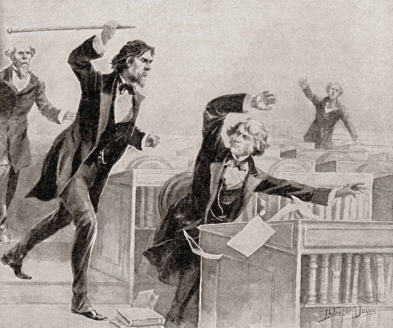 Preston Smith Brooks, zagorzały zwolennik niewolnictwa, zaatakował laską senatora Charlesa Sumnera, abolicjonistę, na podłodze Senatu Stanów Zjednoczonych, 22 maja autorstwa American School