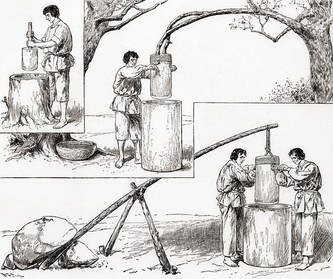 Prymitywne sposoby mielenia kukurydzy, z „The Century Illustrated Monthly Magazine”, opublikowanego w 1884 r. (drewno) autorstwa American School