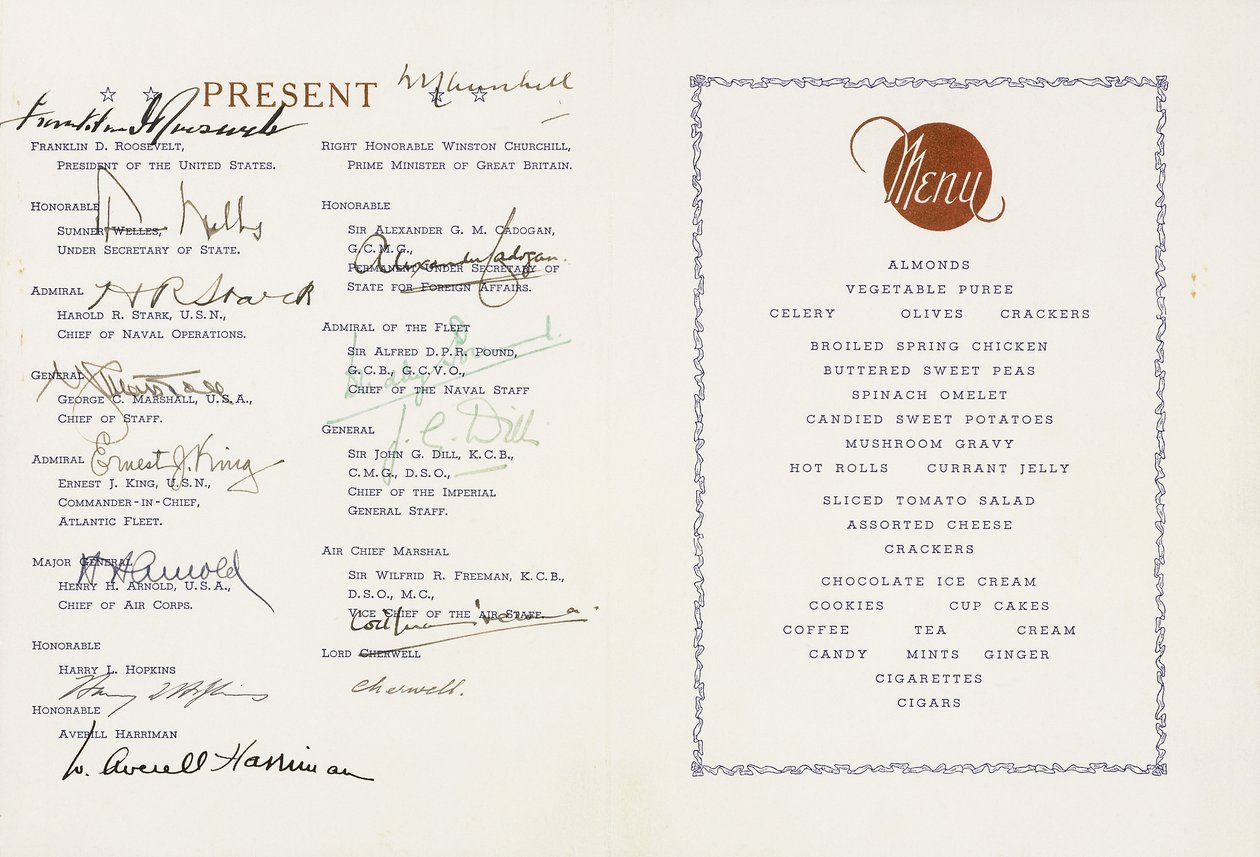 Drukowane menu podpisane przez Winstona Churchilla i Franklina D. Roosvelta, okręt flagowy Stanów Zjednoczonych Augusta, Ship