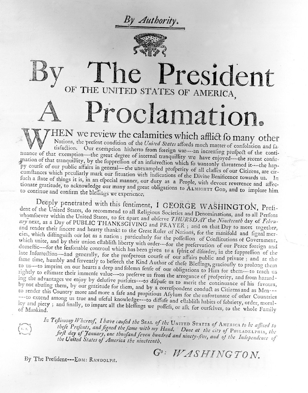 Proklamacja prezydenta Jerzego Waszyngtona (1732-99) wyznaczająca czwartek 19 lutego jako dzień publicznego dziękczynienia i modlitwy 1795 r. (gazet) autorstwa American School