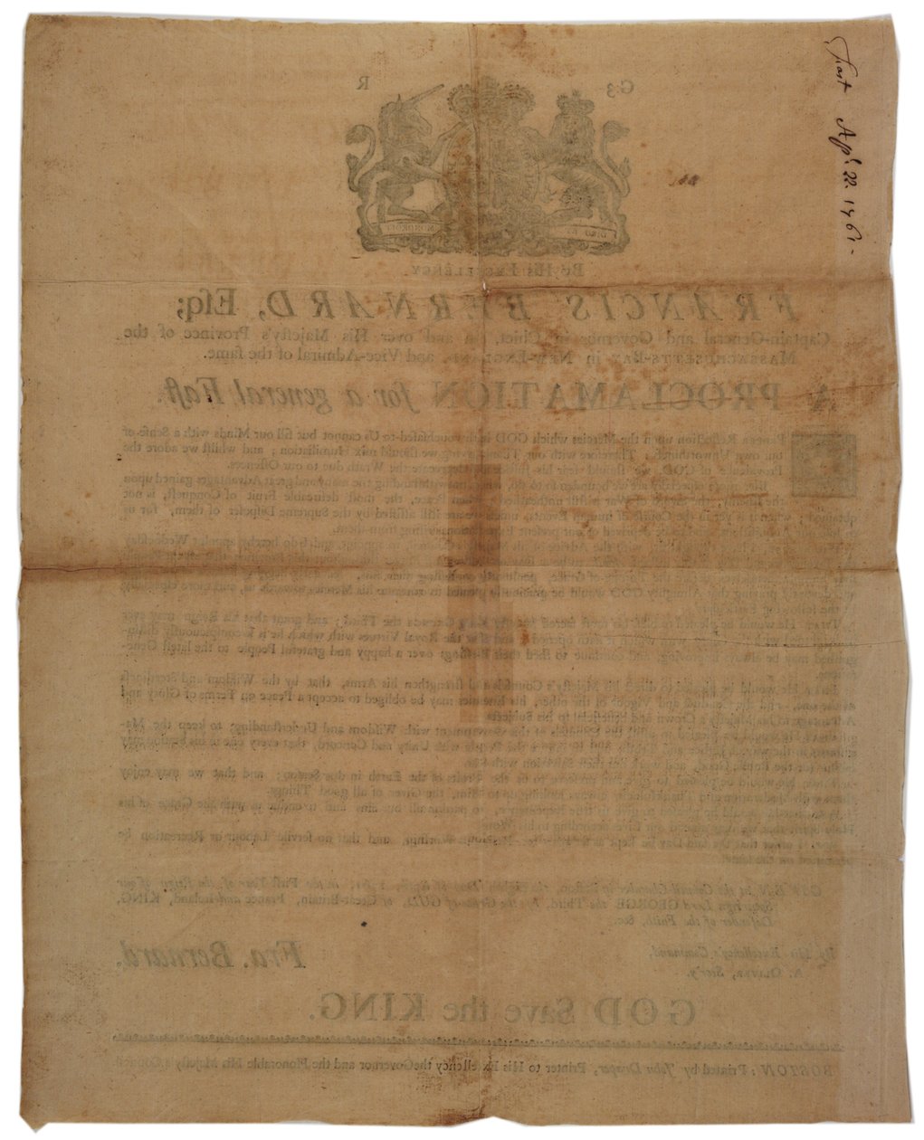 Proklamacja w imieniu Francisa Bernarda, gubernatora Massachusetts Bay: ogłoszenie dnia postu podczas wojny francusko-indyjskiej, 8 kwietnia 1761 autorstwa American School