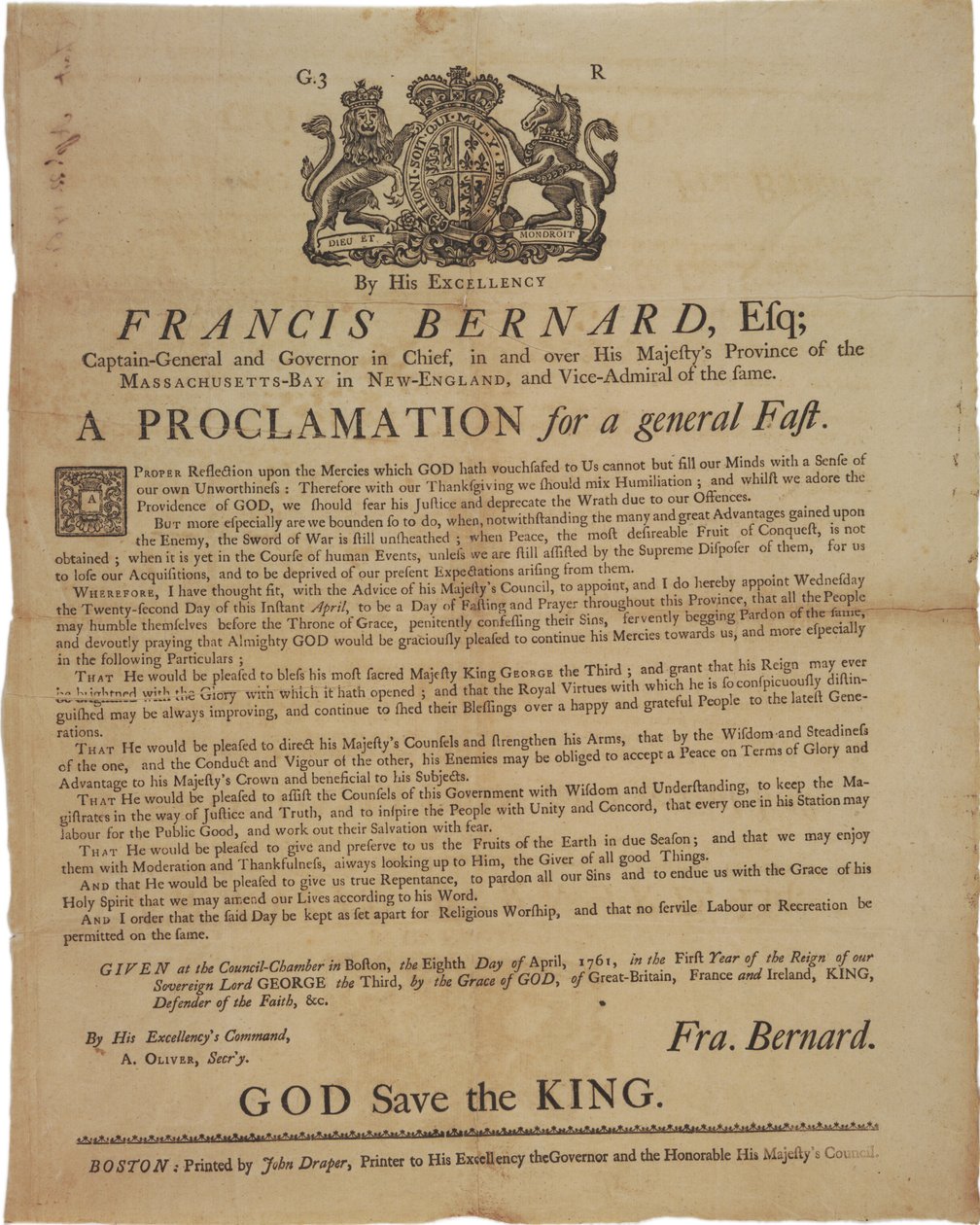 Proklamacja w imieniu Francisa Bernarda, gubernatora Massachusetts Bay: ogłoszenie dnia postu podczas wojny francusko-indyjskiej, 8 kwietnia 1761 autorstwa American School