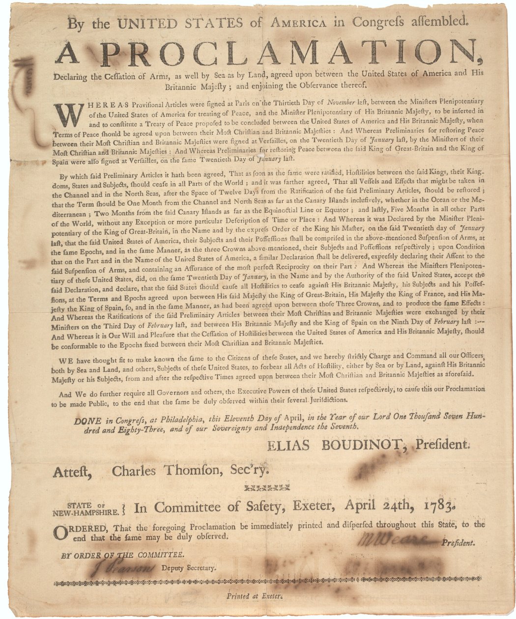 Proklamacja Kongresu o zaprzestaniu zbrojeń i zakończeniu wojny, 24 kwietnia 1783 r. autorstwa American School