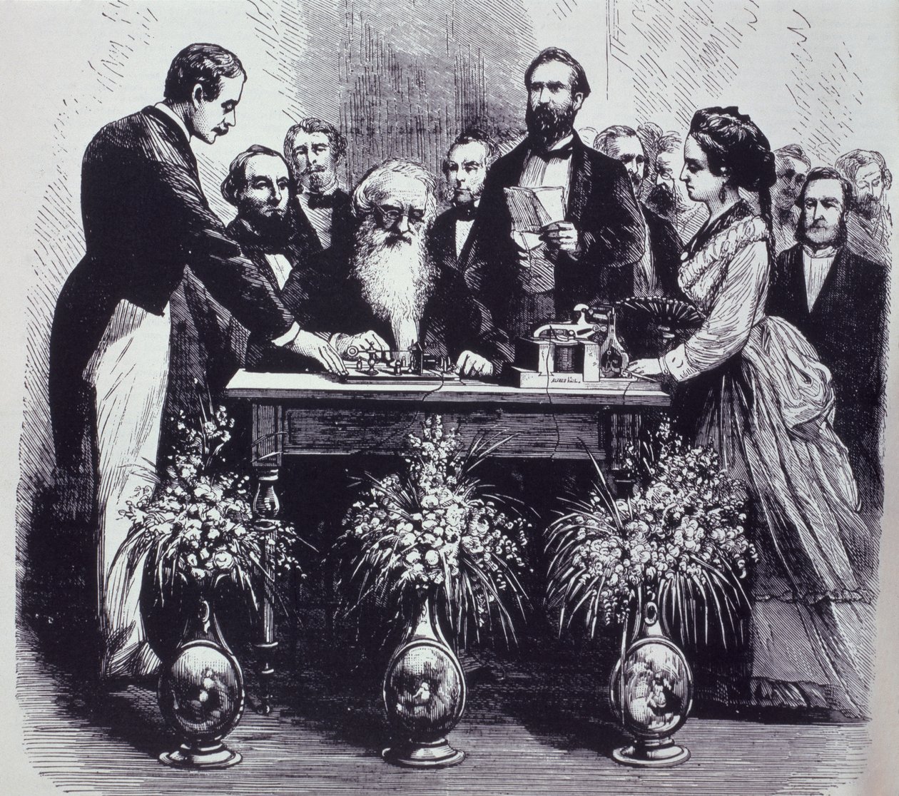 Profesor Samuel Finley Breese Morse (1791-1872) wyjaśnia funkcję swojego wynalazku autorstwa American School