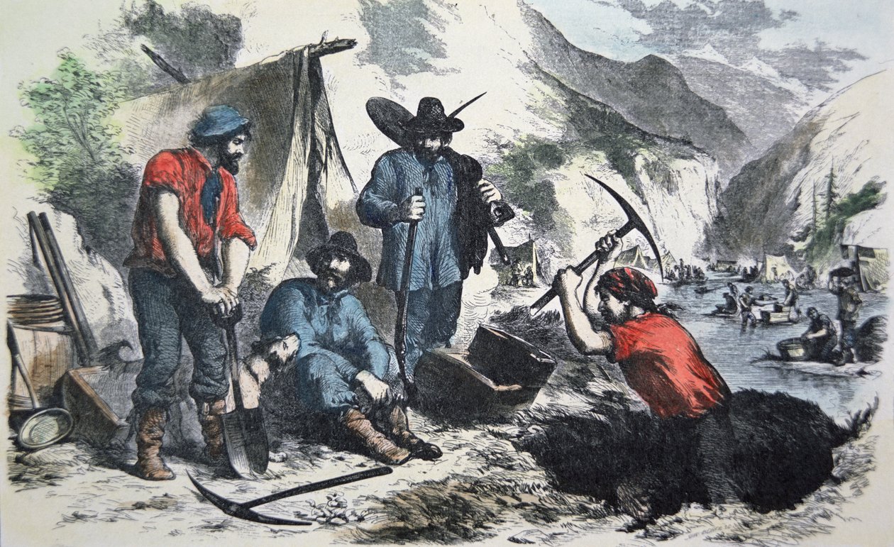 Poszukiwacze podczas kalifornijskiej gorączki złota 1849 (kolor lito) autorstwa American School