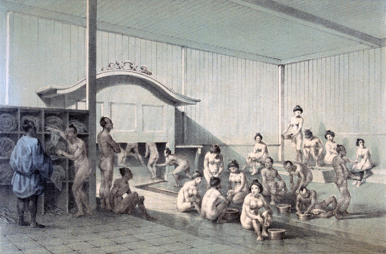 Łaźnia publiczna w Simoda, 1856 (kolorowa akwatinta) autorstwa American School