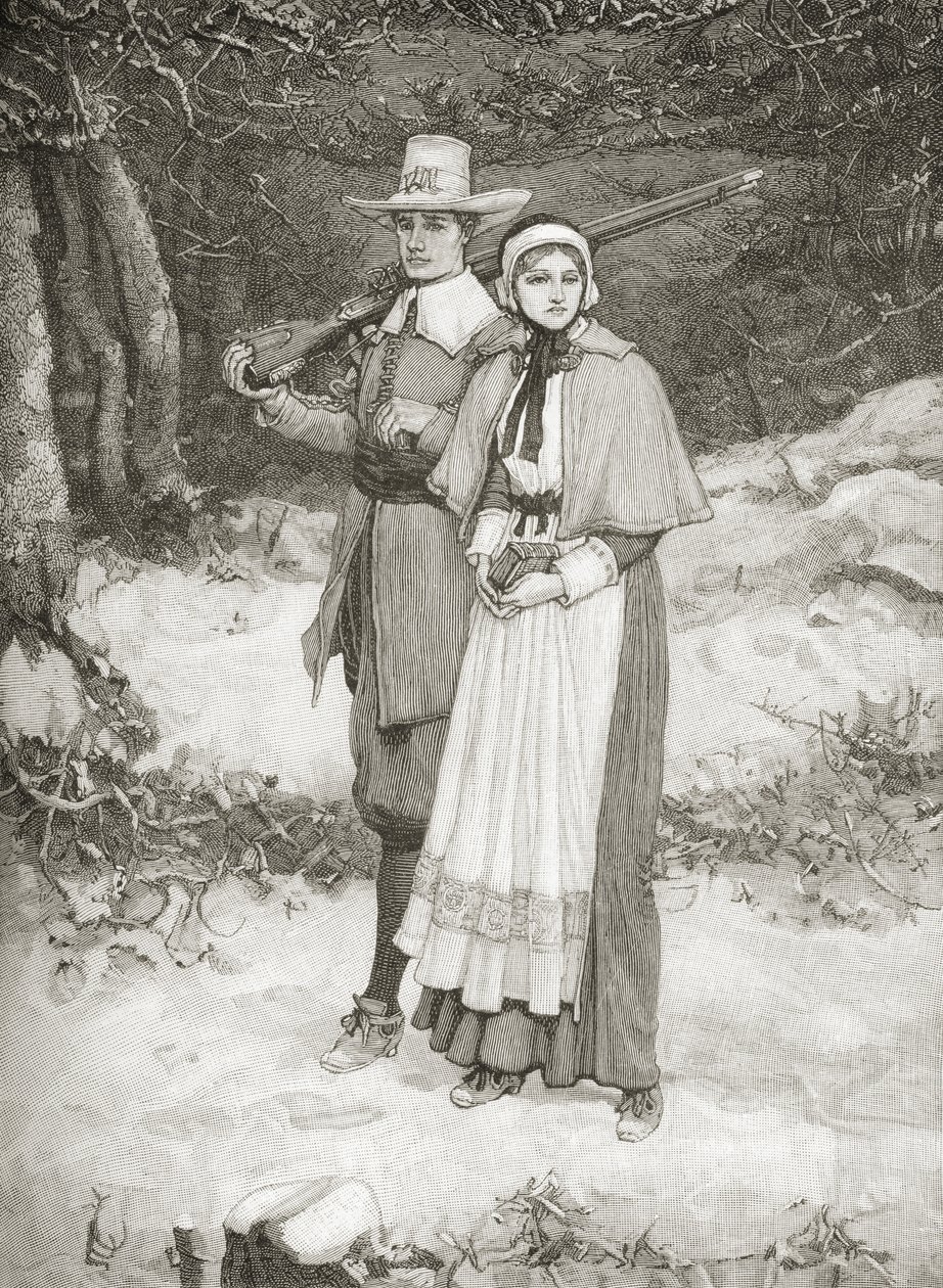 Purytanie chodzący do kościoła, z „Krótkiej historii Stanów Zjednoczonych”, opublikowanej przez A.S. Barnes und Co. w 1885 r. autorstwa American School