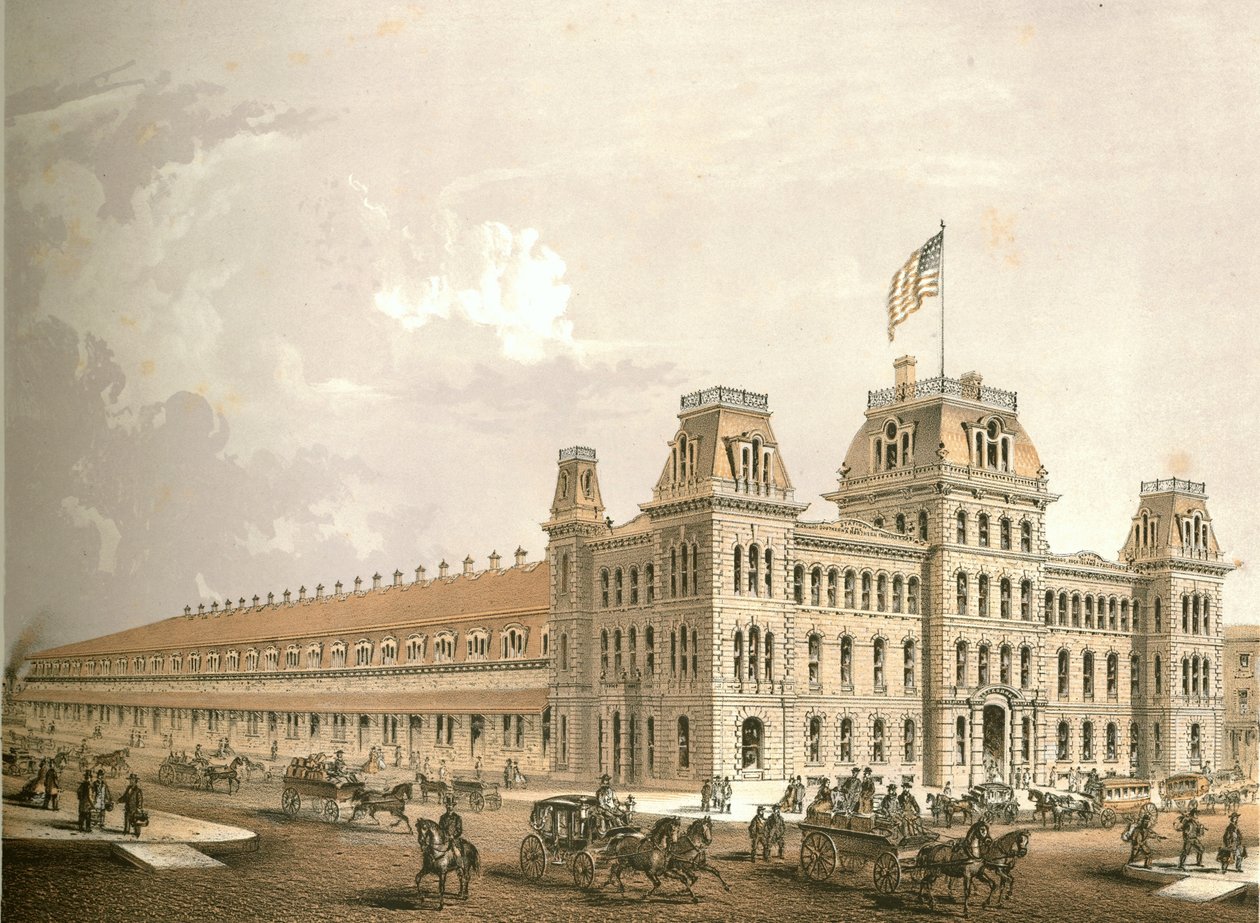 Railroad Depot, z Chicago Illustrated, z opisami literackimi Jamesa W. Sheahana, wyd. Jevne & Almini, Chicago, 1866-67 autorstwa American School