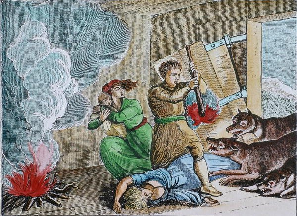 Wygłodniałe wilki atakują chatę pioniera (kolorowy grawerunek) autorstwa American School