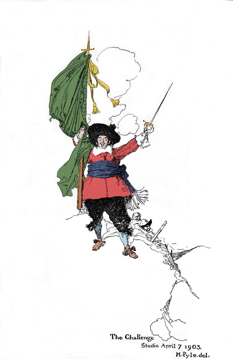 Przedstawienie pirata rzucającego wyzwanie - W „Księdze piratów Buccaneers and Marooners of the Spanish Main” Howarda Pyle