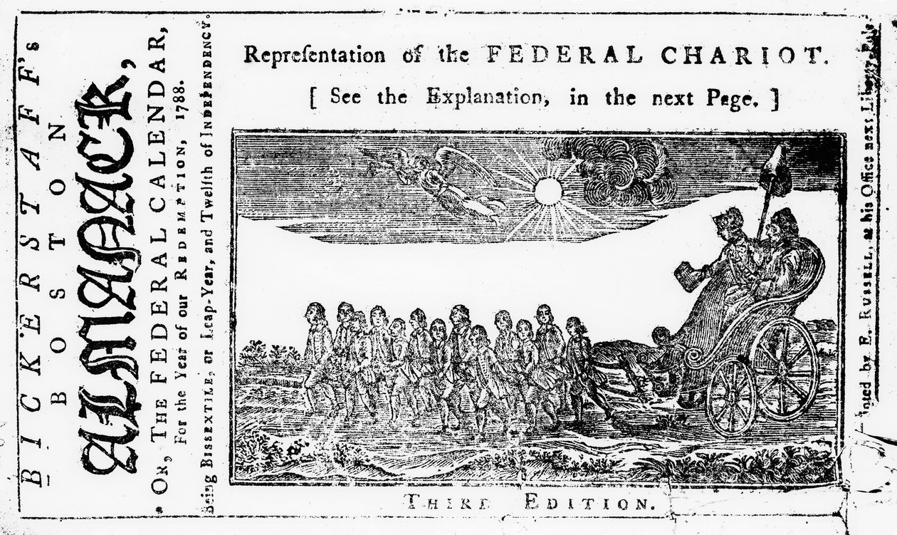Reprezentacja Federalnego Rydwanu, ilustracja na okładce z Bickerstaffs Boston Almanack, opublikowana w 1788 r. autorstwa American School