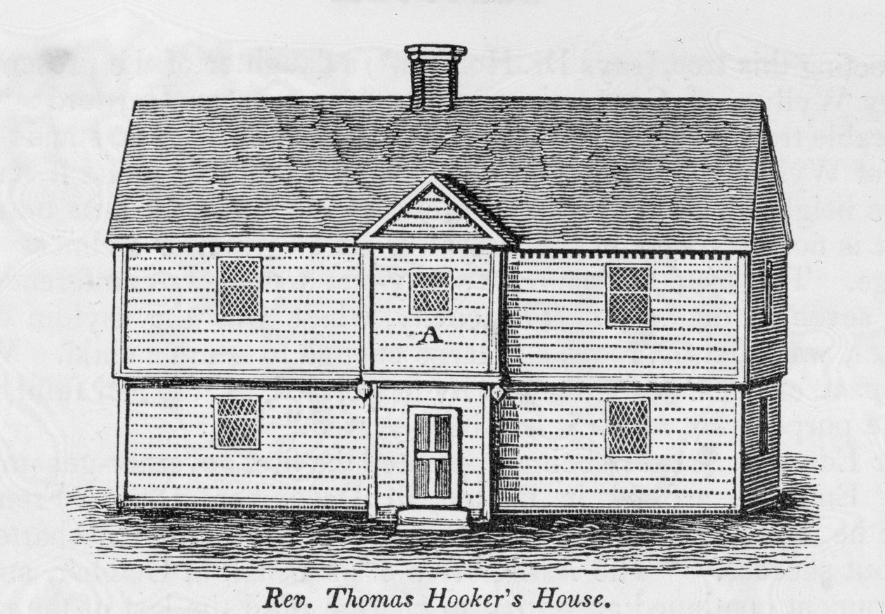 Dom wielebnego Thomasa Hookera, z „Zbiory historyczne stanu Connecticut”, autorstwa Johna Warnera Barbera, 1856 autorstwa American School