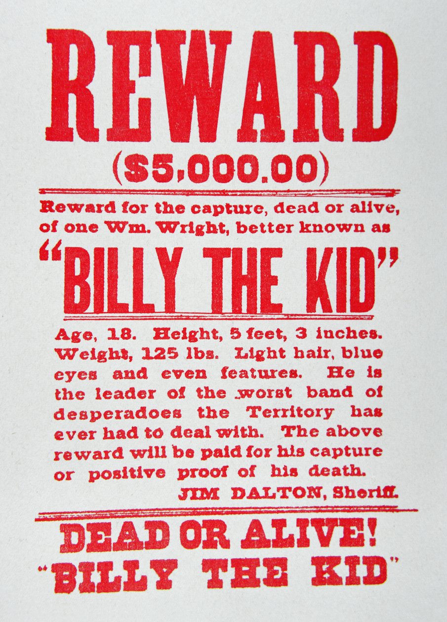 Plakat z nagrodami dla Billy the Kid (1859-81) (lito) autorstwa American School