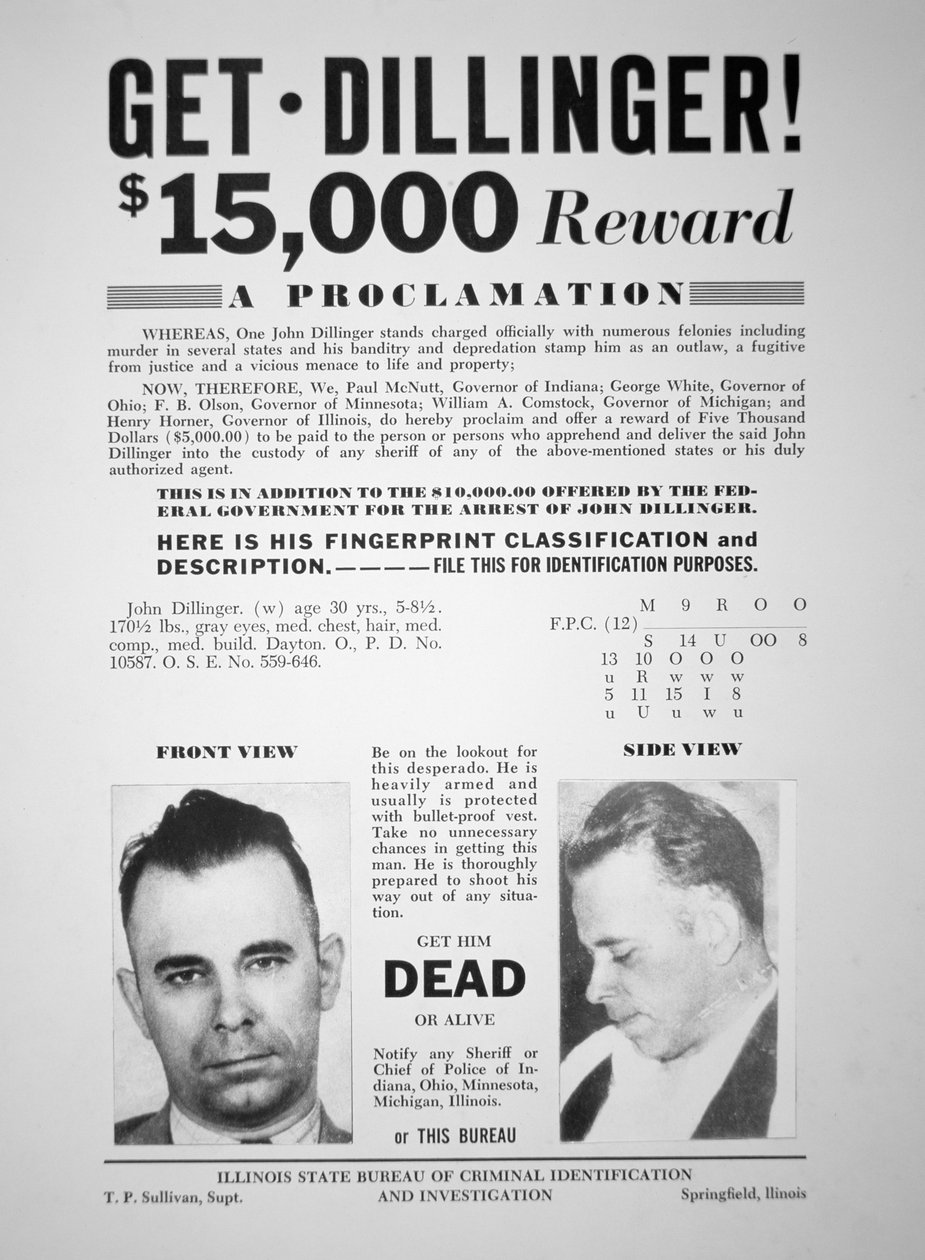 Plakat z nagrodami dla Johna Dillingera autorstwa American School