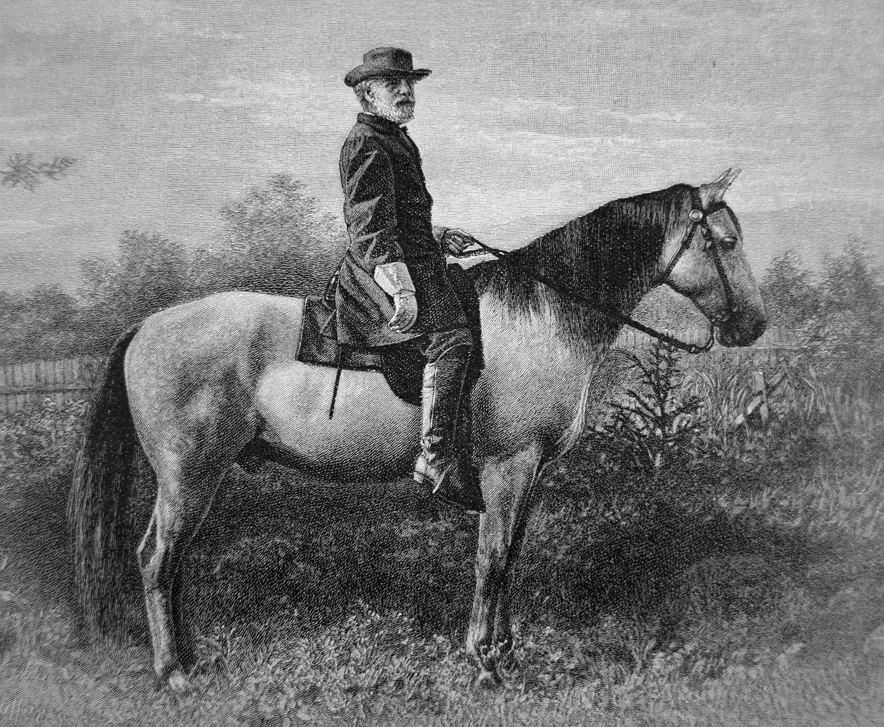 Robert E. Lee (1807-70) na swoim koniu bojowym „Traveller” (rycina) autorstwa American School