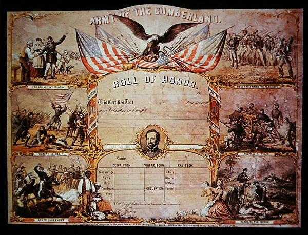 Certyfikat Roll of Honor wydawany mężczyznom, którzy służyli w Federalnej Armii Cumberland autorstwa American School