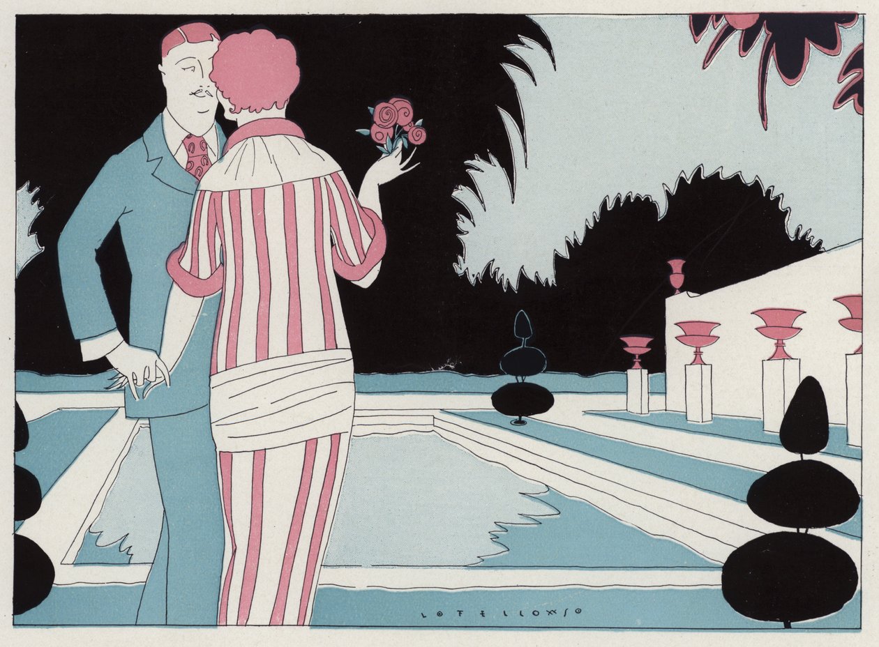 Romantyczna para trzymająca się za ręce przy basenie, scena z opowiadania Prospective Honeymooners autorstwa J A Waldron (kolorowa litografia) autorstwa American School