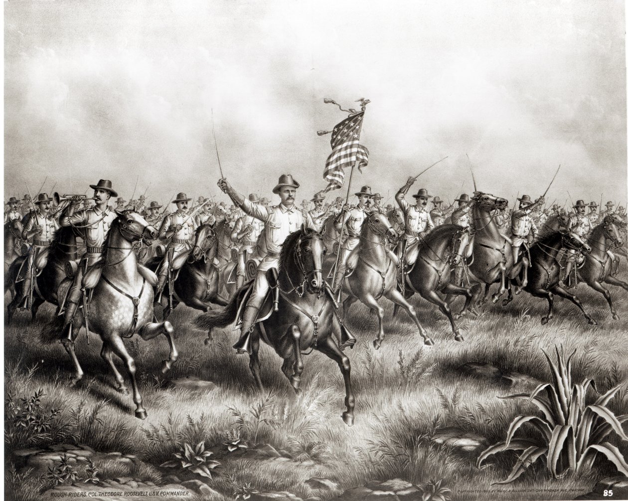 Rough Riders: Pułkownik Theodore Roosevelt, dowódca USA w San Juan Hill, Santiago, Kuba, 1898 autorstwa American School