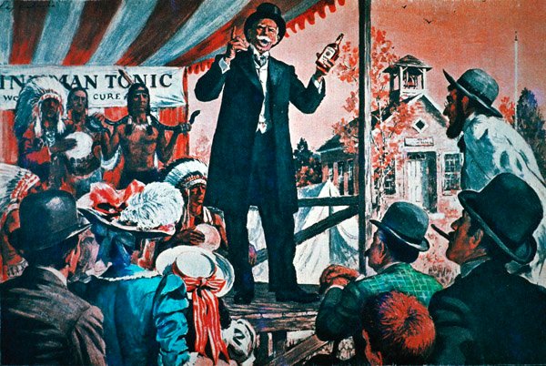 Wiejska Ameryka: wędrowny sprzedawca toniku „lekarskiego” (kolorowa litografia) autorstwa American School