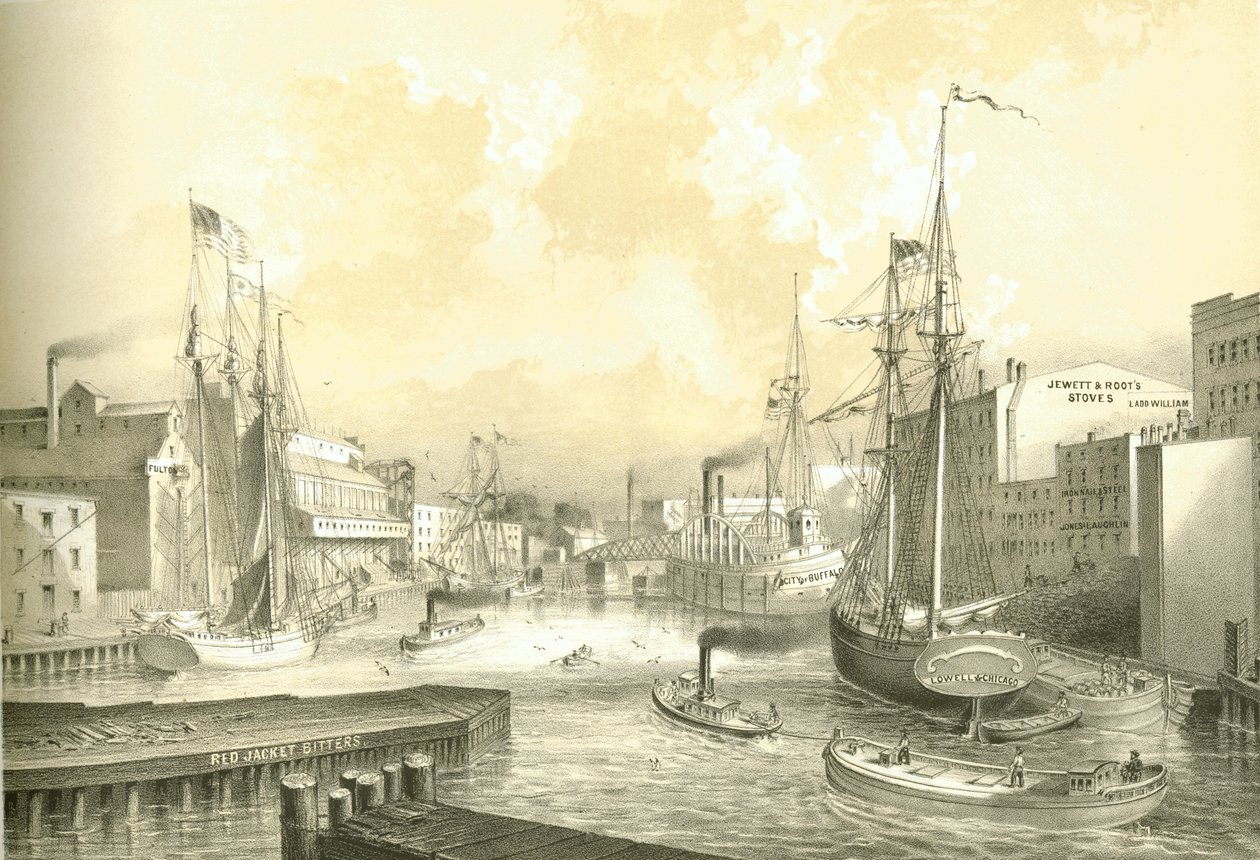 Rush Street Bridge, View from State Street, z Chicago Illustrated, z opisami literackimi Jamesa W. Sheahana, wyd. Jevne & Almini, Chicago, 1866-67 autorstwa American School