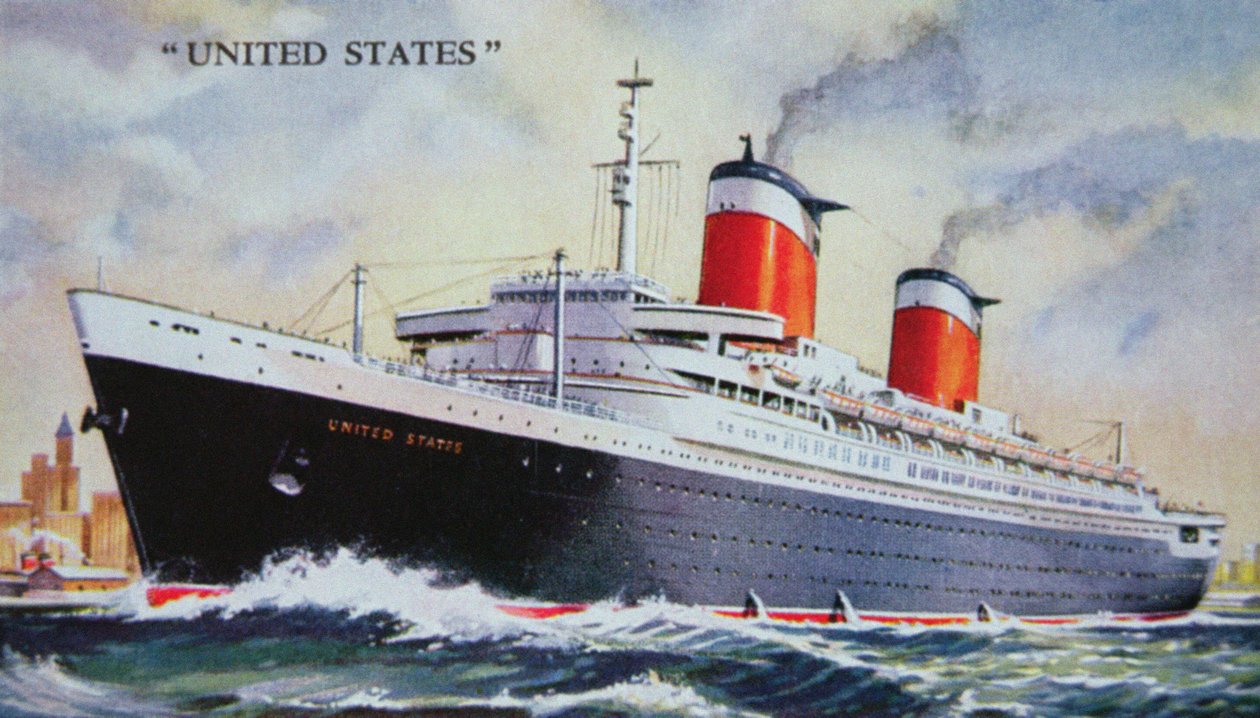 SS United States Maiden Voyage w 1952 roku (kolor lito) autorstwa American School