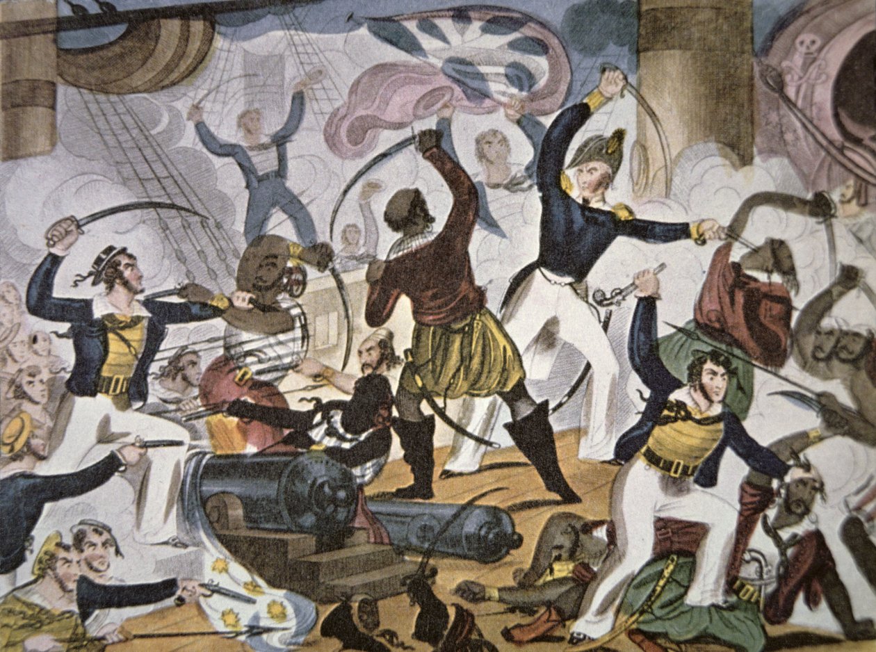 Marynarze Królewskiej Marynarki Wojennej na pokład statku pirackiego Algerine, ok. 1820 (kolor lito) autorstwa American School