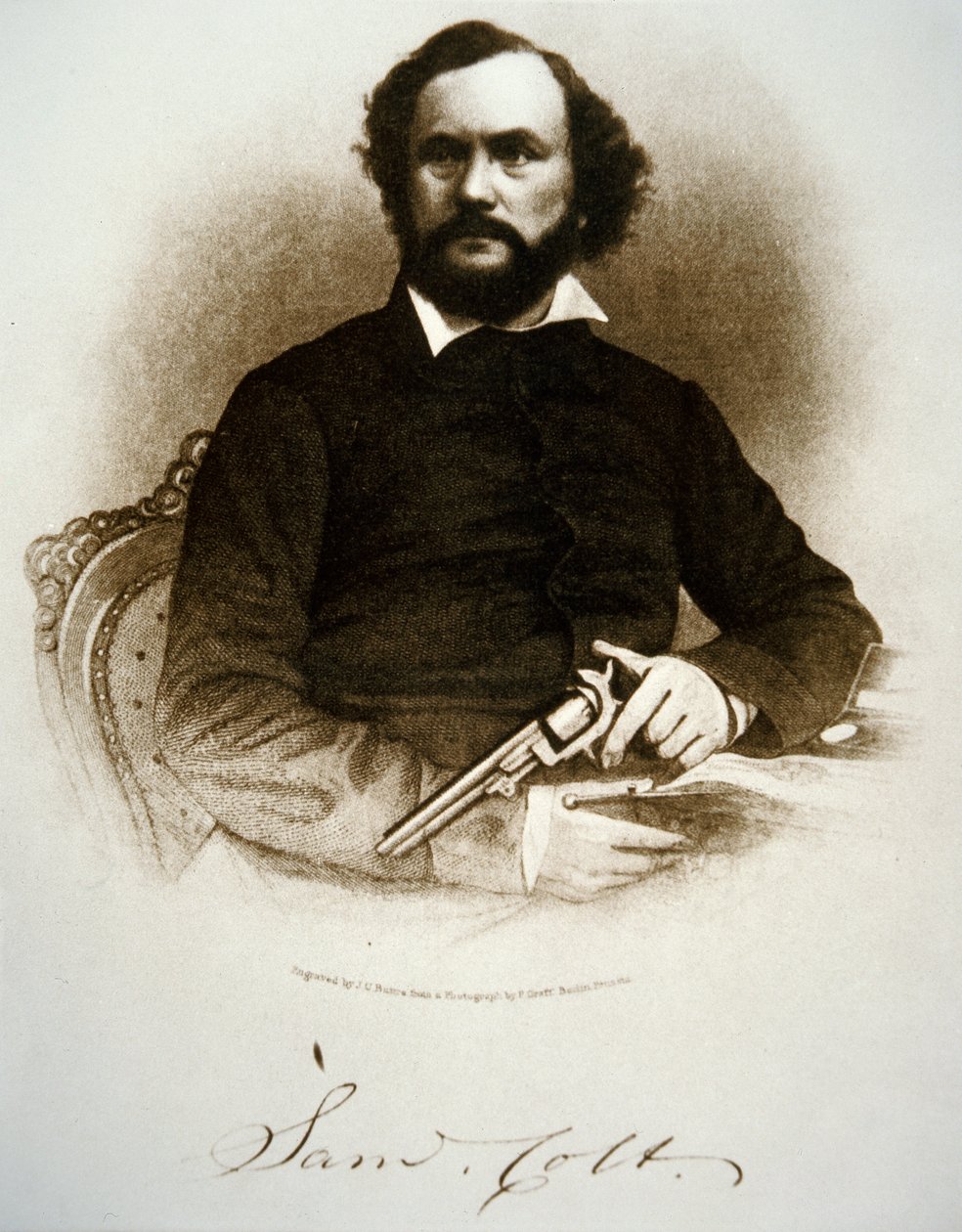Samuel Colt trzymający jeden ze swoich rewolwerów perkusyjnych (grafika) autorstwa American School