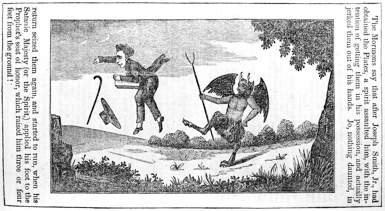 Szatan kopiący Józefa Smitha (1805-44) z ostatniej strony Almanachu Antymormonów z 1842 r. autorstwa American School