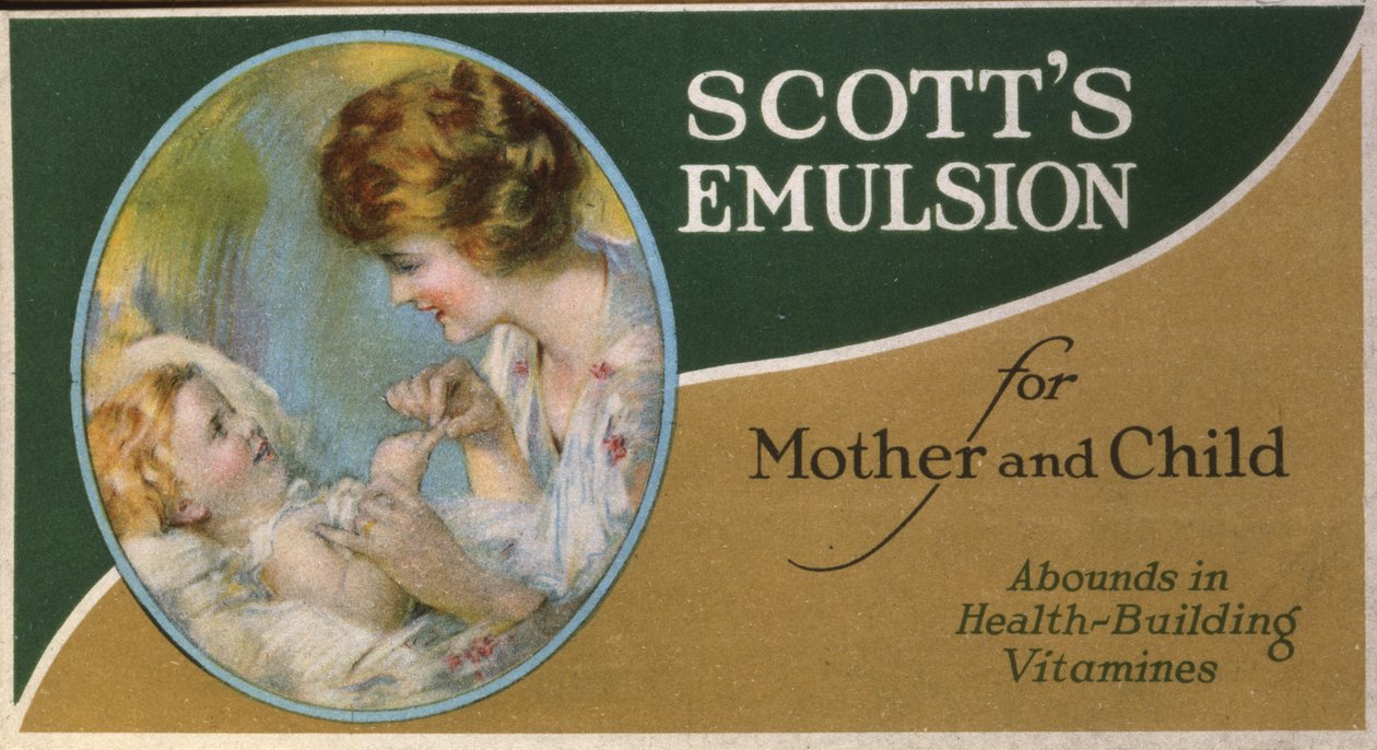 Emulsja Scotts dla matki i dziecka, obfitująca w witaminy budujące zdrowie (litografia [karta handlowa]) autorstwa American School