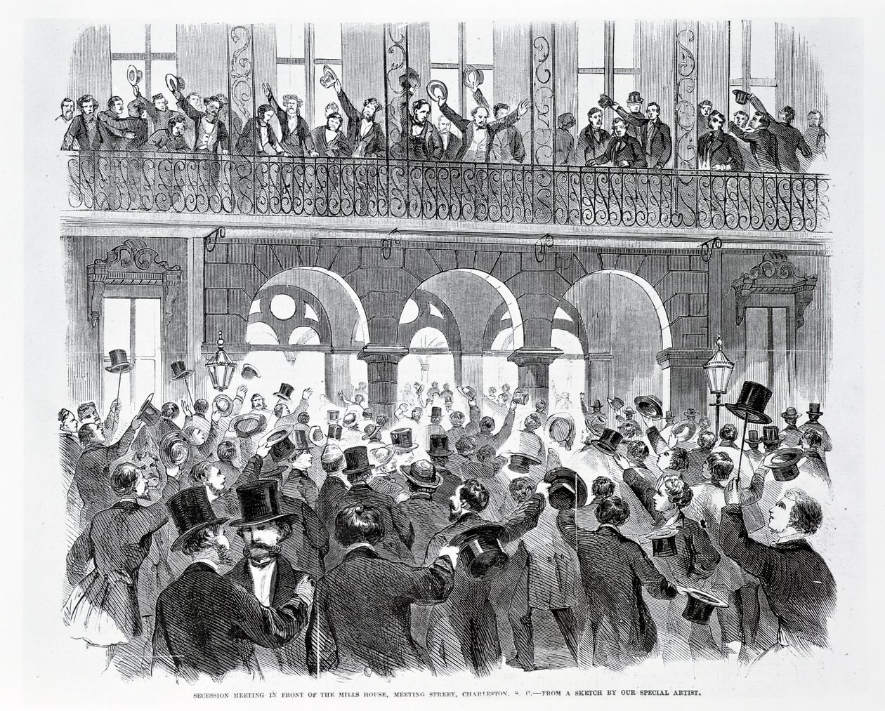 Spotkanie secesyjne przed Mills House, Meeting Street, Charleston, Karolina Południowa, ok. 1860 (rycina) (zdjęcie czarno-białe) autorstwa American School