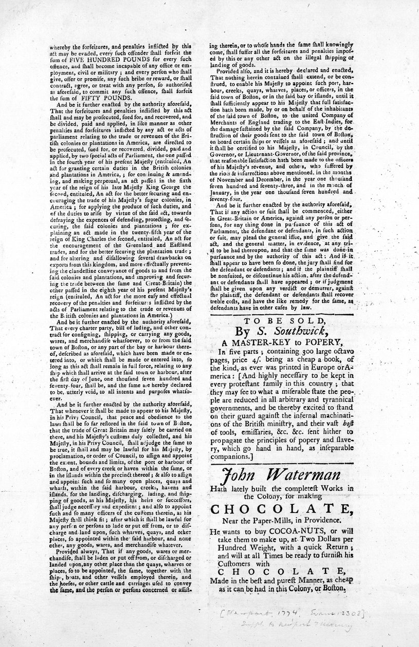 Druga strona awersu przedstawiającego ustawę o blokowaniu portu w Bostonie, 1774 (druk gazetowy) autorstwa American School