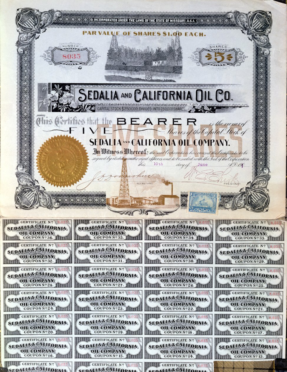 Certyfikat udziałowy dla Sedalia and Californian Oil Company, USA, 1901 r. autorstwa American School