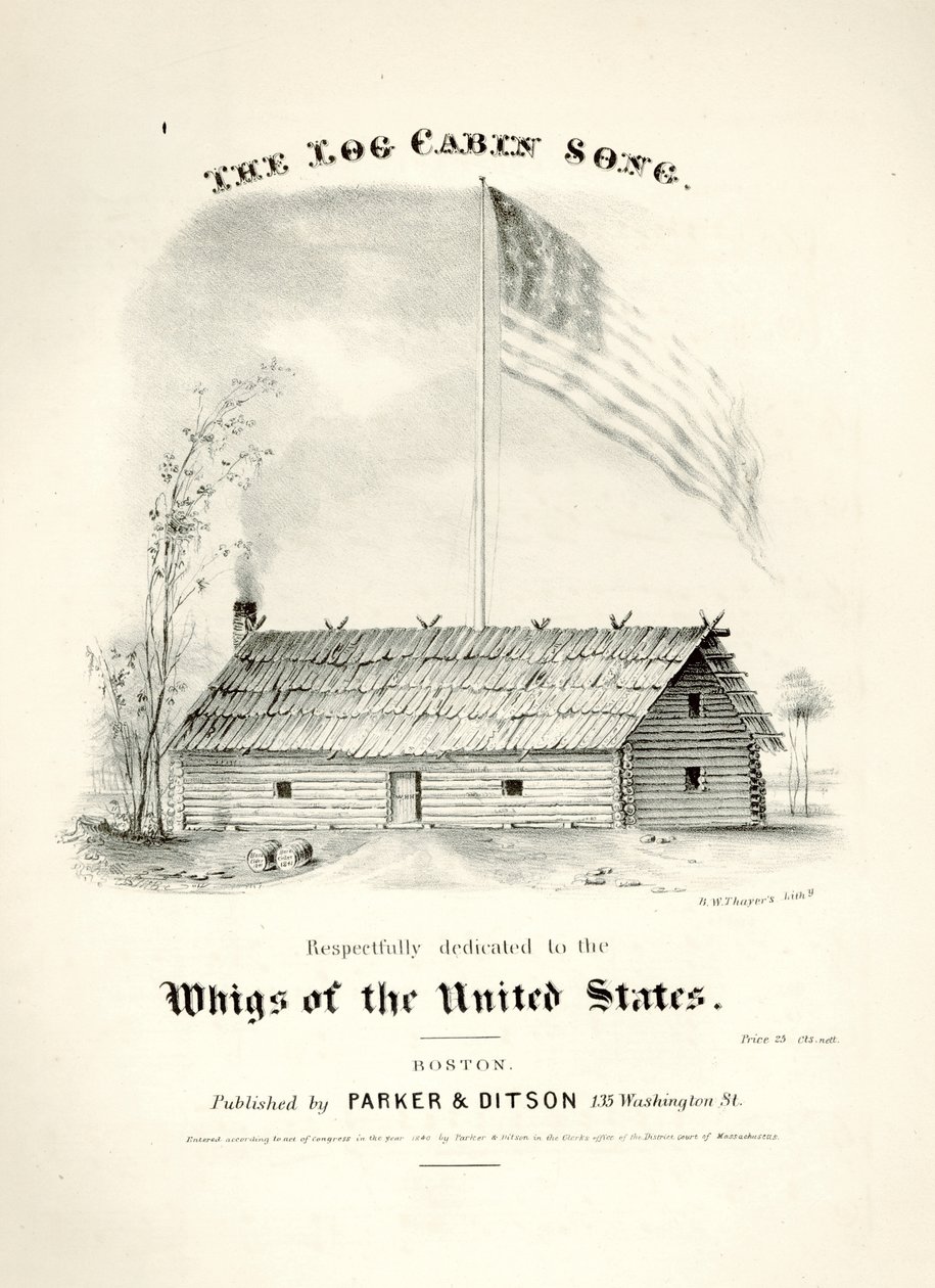 Okładka nutowa do The Log Cabin Song..., wyd. Parker & Ditson, Boston, 1840 autorstwa American School