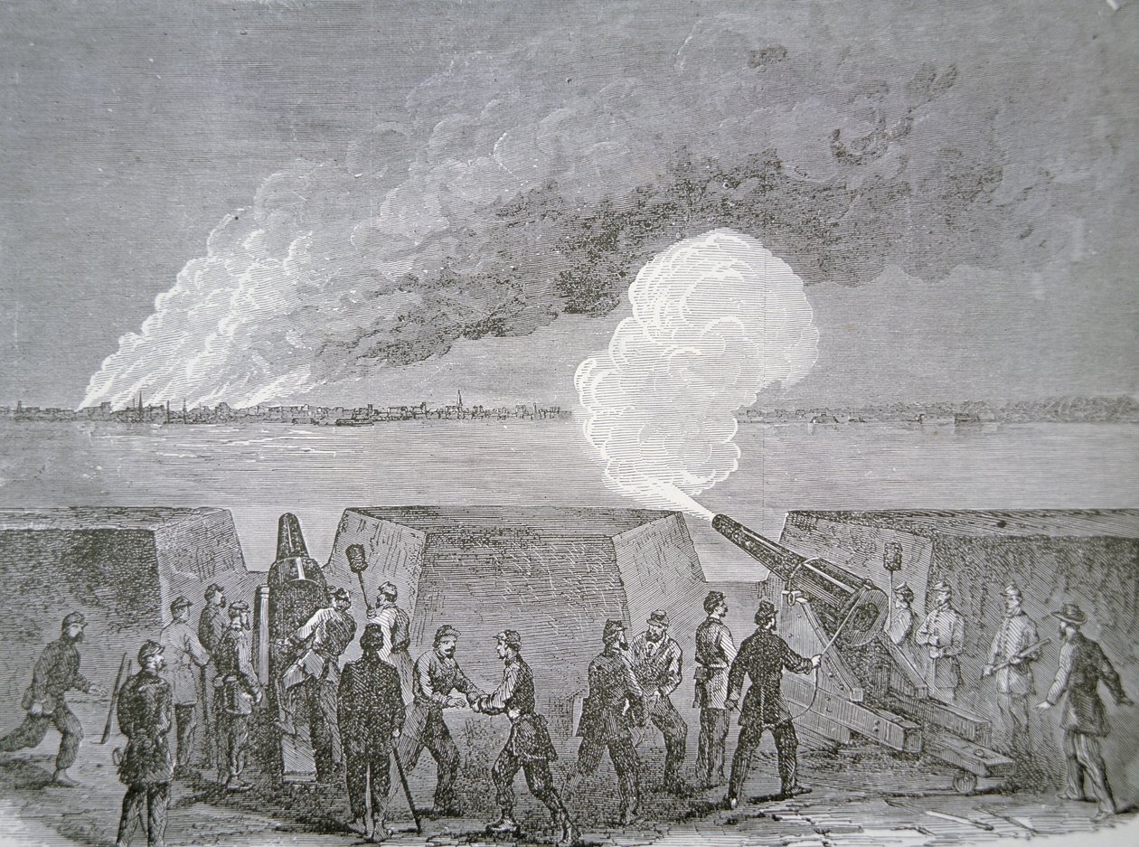 Oblężenie Charleston, miasta płonącego pod bombardowaniem, 3 stycznia 1864, z tygodnika Harpera (grawerowanie) autorstwa American School