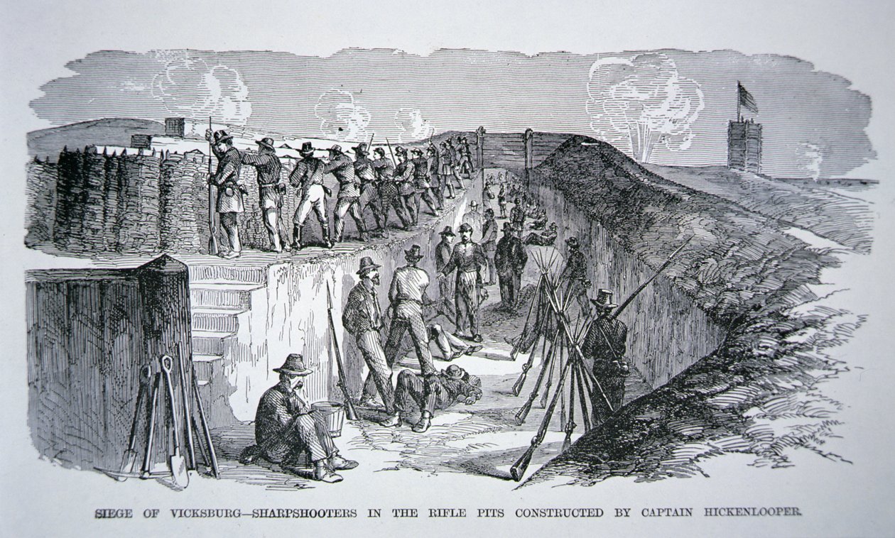 Siege of Vicksburg - Strzelcy wyborowi w dołach karabinów skonstruowanych przez generała Hickenloopera (rycina) autorstwa American School