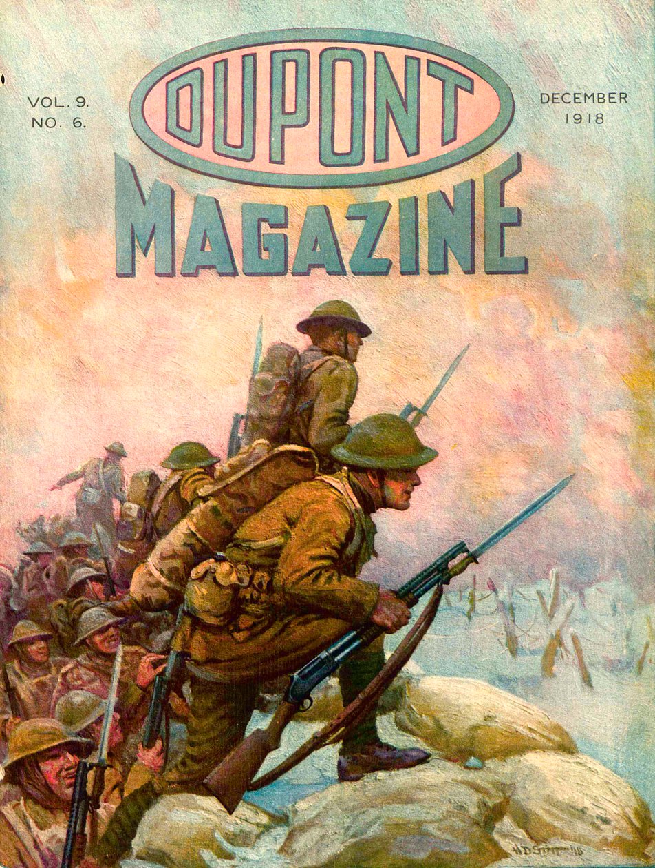Żołnierze w okopach, przednia okładka magazynu DuPont, grudzień 1918 r. autorstwa American School