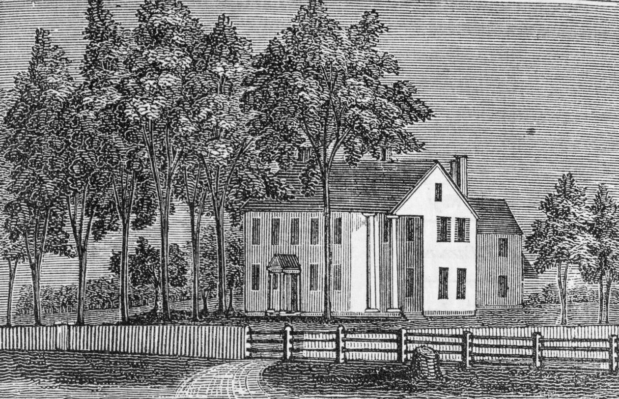 Widok na południowo-zachodni dom sędziego Ellswortha, z „Connecticut Historical Collections”, autorstwa Johna Warnera Barbera, 1856 (grawerowanie) autorstwa American School