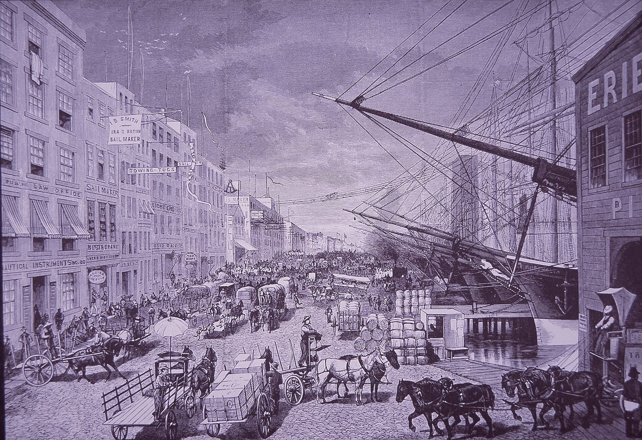 South Street Seaport w latach 70. XIX wieku, Nowy Jork (grawerowanie) autorstwa American School