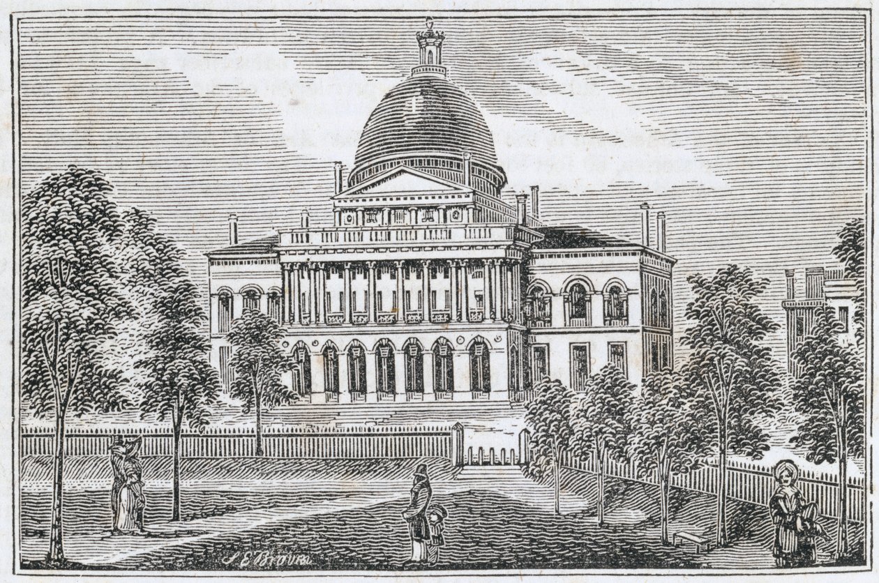 Widok południowy na State House w Bostonie przy Beacon Street, z „Historical Collections of Massachusetts”, autorstwa Johna Warnera Barbera, grawerowany przez SE Browna, 1839 autorstwa American School