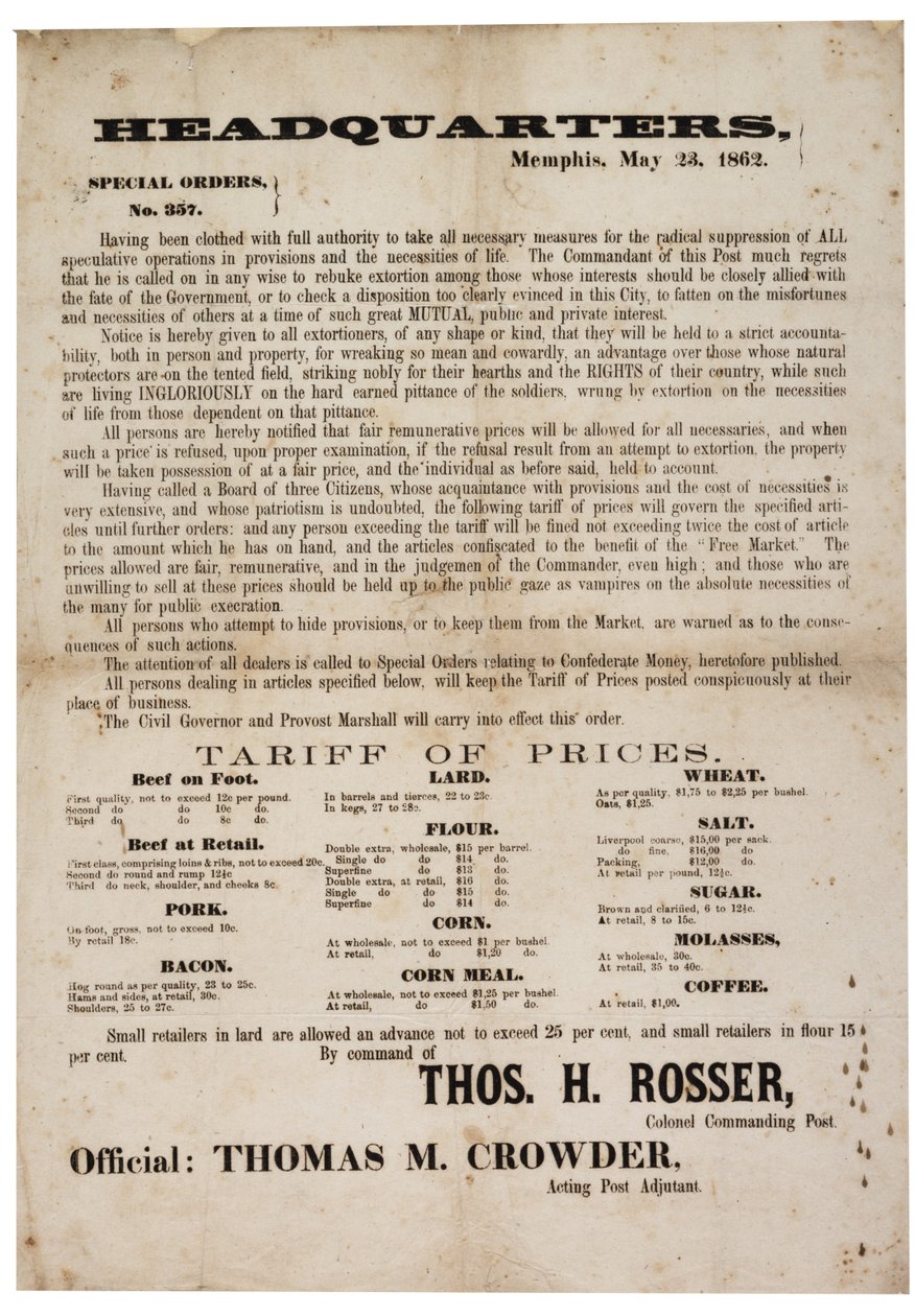 Nr zamówienia specjalnego 357 publikowanie cen żywności, aby zapobiec spekulacjom, 23 maja 1862 autorstwa American School
