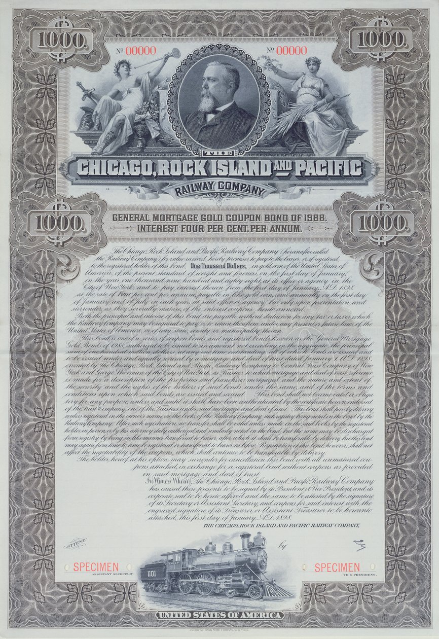 Wzór świadectwa obligacji na 1000 dolarów dla Chicago, Rock Island i Pacific Railway Company, 1898 autorstwa American School