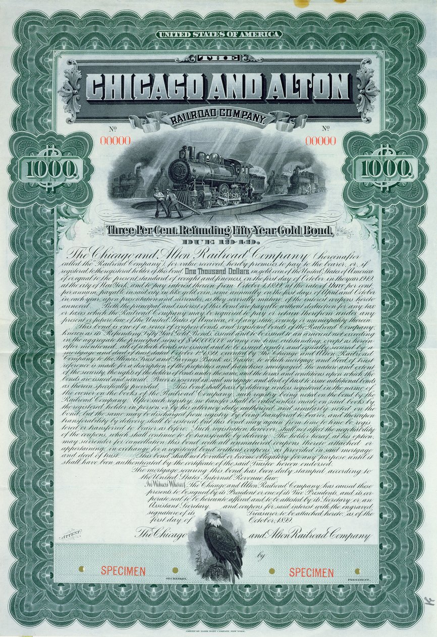 Wzór świadectwa obligacji na 1000 dolarów dla Chicago and Alton Railroad Company, 1899 autorstwa American School