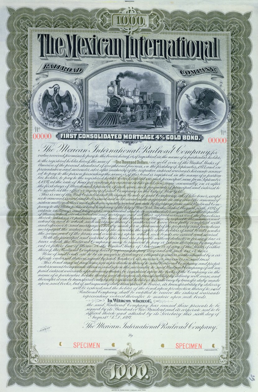 Wzór świadectwa obligacji na 1000 dolarów dla Mexican International Railroad Company, 1897 autorstwa American School