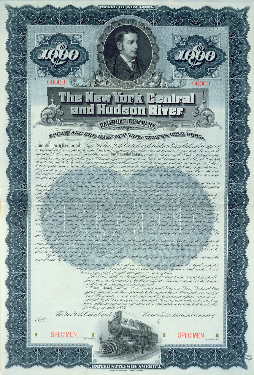 Wzór świadectwa obligacji na 1000 dolarów dla New York Central i Hudson River Railroad Company, ok. 1900 autorstwa American School