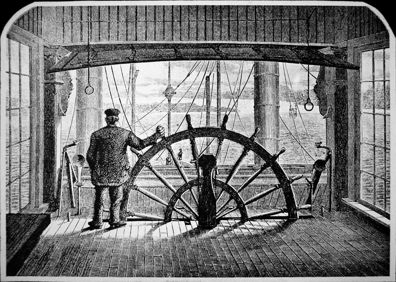 Pilot parowca w sterówce, ok. 1870 (rycina) autorstwa American School